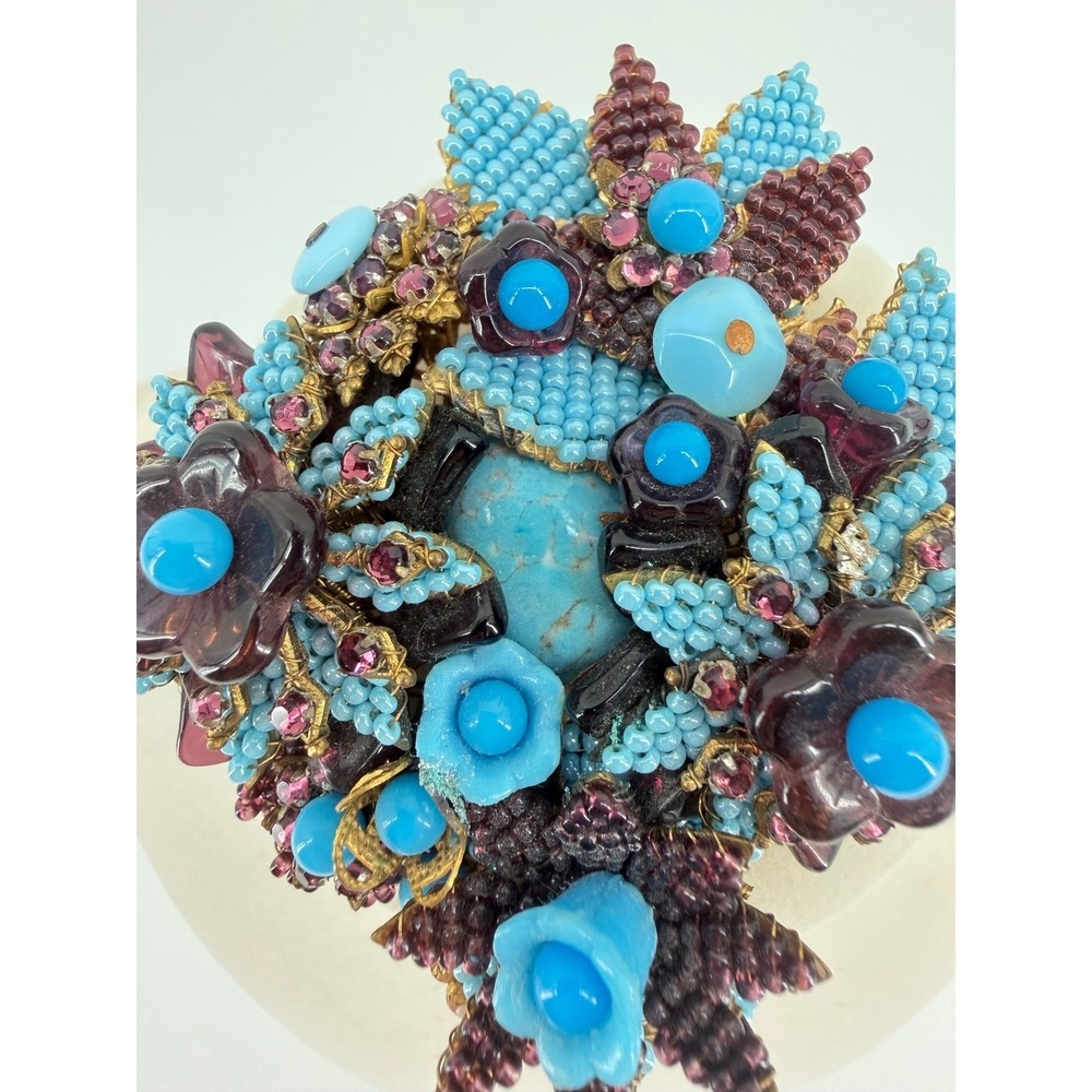 Stanley Hagler NYC Vintage Beaded Floral Brooch Turquoise Purple Gold Filigree - Picture 2 of 6